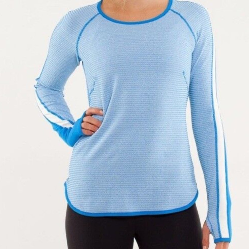 Lululemon Athletica Runder Under Long Sleeve Mini Check Pique Beaming Blue Top